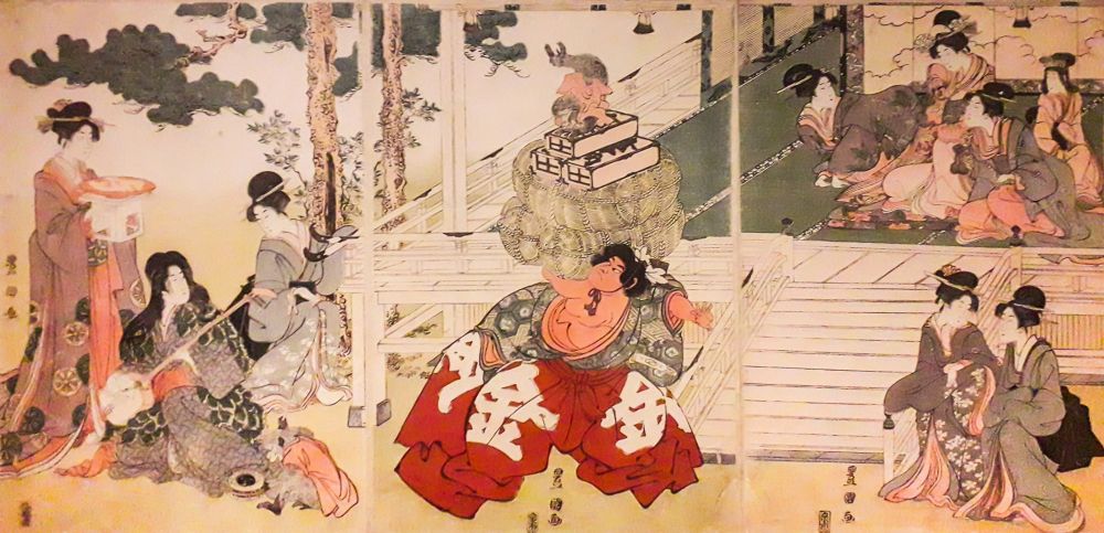 Kintarō demonstrujący siłę przed damami dworu