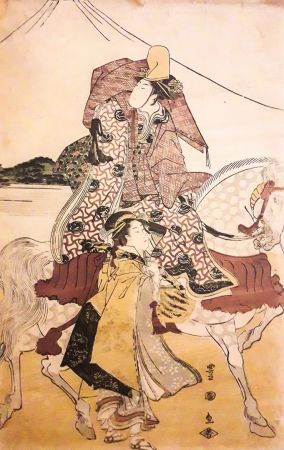 Dama na koniu i służebna na tle góry Fuji